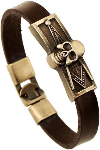 JSEA Vintage Metal Embossed Masonic Freemasonry Skull Brown Leather Bracelet Bangle in Saudi Arabia