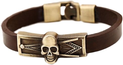 JSEA Vintage Metal Embossed Masonic Freemasonry Skull Brown Leather Bracelet Bangle in Saudi Arabia