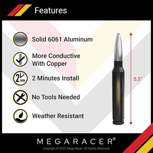 Mega Racer Black Metallic Gray 50 Cal Bullet Antenna for Truck, Car and SUV - 5.5 Inch Universal Fit, AM/FM Radio, 6061 Solid Aluminum, Car Replacement Antenna, Car Wash Safe, Car Truck Accessories in Saudi Arabia