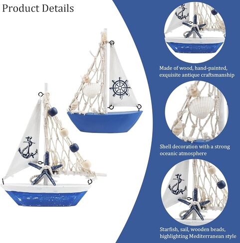 نموذج مركب شراعي صغير الديكور 2 قطعة قارب شراعي خشبي ديكور المنزل مجموعة الديكور البحري قارب شراعي الحلي نماذج المراكب الشراعية لغرفة النوم مكتب الحمام سطح المكتب الديكور (السماء الزرقاء) in Kuwait