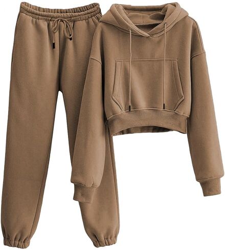 Women's 2pc Airport Outfits Casual Hoodie Fleece Tracksuit Sweatshirt Pullover Jogging Pants Pockets in Saudi Arabia