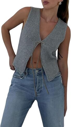Women Crochet Vest Knit Tie Front V Neck Sleeveless Vests Top Y2k Vintage Going Out in Saudi Arabia