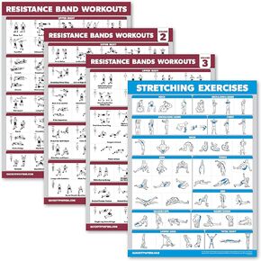 Palace Learning 4 Pack - Resistance Bands Workout Posters Volume 1, 2 & 3 + Stretching Exercise Chart