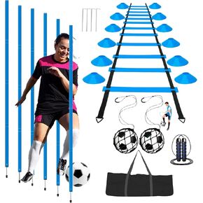 Agility Training Poles Soccer Equipment Set: 6 Poles, 2 Kick Solo, Ladder, 12 Cones, Jump Rope - Speed & Agility Training for Soccer, Basketball, Kids
