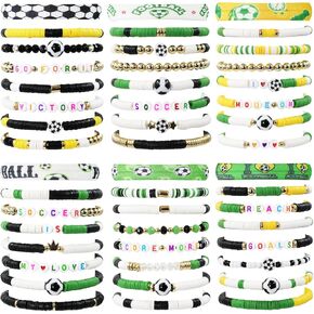 48pcs Sports Charm Bracelets Sports Party Favors Bracelets, Softball Volleyball Basketball SoccerPlayer Gifts Beaded Clay Adjustable Bracelets Jewelry Sports Gifts Supplies for Teen Adults