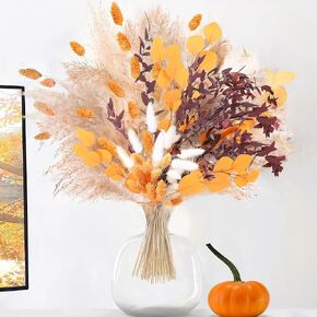 Decorative Fall Dried Flowers & Pampas Grass Bundle – Stylish Faux Florals & Feather Grass for Rustic Home Decor – Perfect for Vases, Wedding Décor, Thanksgiving, Photoshoot Props & Fall Decorations