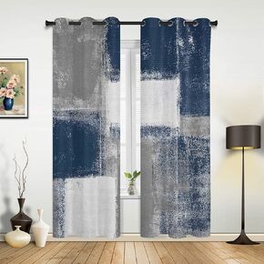 Navy Blue and Gray Curtains for Living Room 96 Inch Length Drapes, Abstract Art Painting Ombre Brush Window Treatments Curtain Panels, Grommet Top, 2 Pack