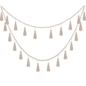 Janinka Boho Decor Christmas Decors Wooden Beads 9.8ft Christmas Decoration Supplies Bead Garland with Tassels Bedroom Hanging Macrame Banner for Room Supplies Home Decoration(Classic Color)