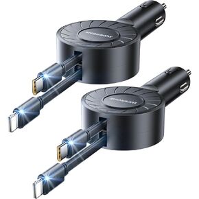 【2 Pack】 Upgraded Retractable Car Charger 3 in 1, Small Fast Charging Car Charger with Retractable Cord iPhone & USB C, Retractable Car Phone Charger for iPhone 15/14/13/12/11 Pro Max, Galaxy, Pixel