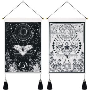 Invoibler Pack of 2 Tapestry Sun and Moon Tapestry Yellow and Black Tapestries Moth Small Tapestry Aesthetic Flower Tapestry Wall Hanging for Room (13.8 x 19.7 inches)