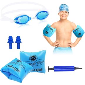 Arm Floaties for Kids, Abnaok PVC Inflatable Swim Arm Bands Rings and Swimming Goggles Earplugs with Anti-Fog and Anti-UV(5 Pack), Pool Swim Floaties for Kids and Adults