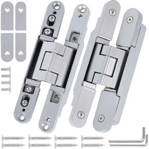 Hidden Door Hinges（2 Pcs）- 6 x 2 x 1.2 inch Silver Thin Invisible Hinges for Doors Zinc Alloy Concealed Hinge, 3 Way Adjustable Hinges, 180° Swing Invisible Hinges for 28-45mm Door Thickness
