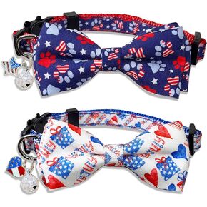 4th of July Cat Bow Tie Collar with Bell, 2-Pack with American Stars and Pariotic Paws Pattern, Independence Day Patriotic USA Flag Collars for Boys, Girls, Male, Female Kitties and Kittens