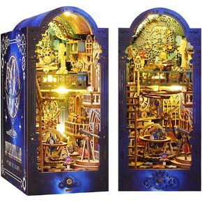 TuKIIE DIY Book Nook Miniature Kit, Booknook Dollhouse Bookshelf Insert with Brightness Adjustable LED Light, Wooden Decorative Bookend Stand Model Kits for Kids Teens Adults(Scholar's Dream)