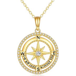 14K Solid Gold Compass Necklace for Women Real Gold Compass Pendant Jewelry for Her Graduation Gifts Go in the drection of your dreams