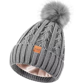 Winuesa Satin Lined Beanie for Women with Pom Pom, Fashionable Womens Winter Hats Silk Beanies, Cute Warm Knit Hat Skull Cap