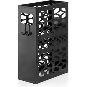 حامل مظلة معدني من ZENFUN مع خطافين، حامل مظلة للمدخل، منظم مظلة مستطيل، صندوق تخزين رف المظلة قائم بذاته للمنزل والمكتب والفندق، أسود، 11 × 4.7 × 15.7 بوصة in Kuwait