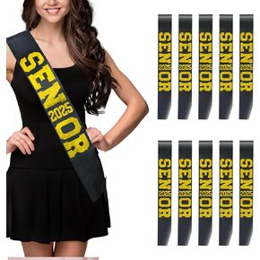 10Pcs Black Senior 2025 Satin Sashes with Gold Glitter Letters- 2025 Graduation Celebrations Sashes - Senior Cheer Sash - Cheerleader Sash(Black+Gold)
