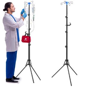 Foldable IV Pole Stand with 4 Hooks,Travel Portable Tripod IV Pole Holder with Adjustable Height for Home Care and Travel