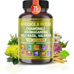 RHODIOLA ROSEA 15,000mg Supplement- 12-in-1 Natural Blend with Chamomile L-Theanine Ashwagandha Holy Basil Valerian Passionflower - 150 Count - Made & Tested in The USA