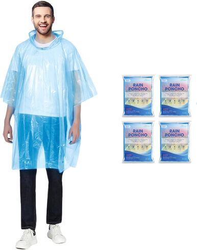 Rain Ponchos by Cloud 10. Include 4 Packs of Blue Disposable Rain Ponchos. Longer Sleeves Poncho Raincoat and Larger Hooded Poncho Rain Coat. Thick Rain Ponchos for Adults, Kids, Men, and Women. in Kuwait