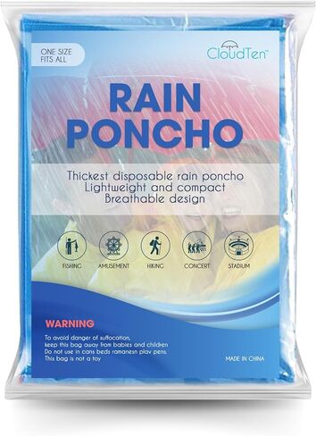 Rain Ponchos by Cloud 10. Include 4 Packs of Blue Disposable Rain Ponchos. Longer Sleeves Poncho Raincoat and Larger Hooded Poncho Rain Coat. Thick Rain Ponchos for Adults, Kids, Men, and Women. in Kuwait