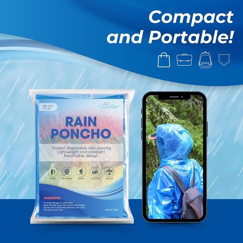 Rain Ponchos by Cloud 10. Include 4 Packs of Blue Disposable Rain Ponchos. Longer Sleeves Poncho Raincoat and Larger Hooded Poncho Rain Coat. Thick Rain Ponchos for Adults, Kids, Men, and Women. in Kuwait