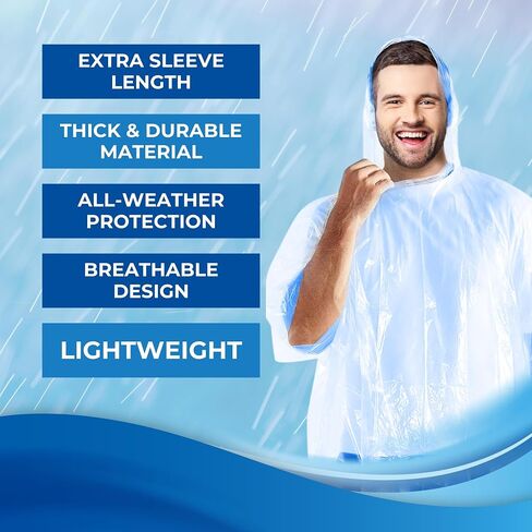 Rain Ponchos by Cloud 10. Include 4 Packs of Blue Disposable Rain Ponchos. Longer Sleeves Poncho Raincoat and Larger Hooded Poncho Rain Coat. Thick Rain Ponchos for Adults, Kids, Men, and Women. in Kuwait