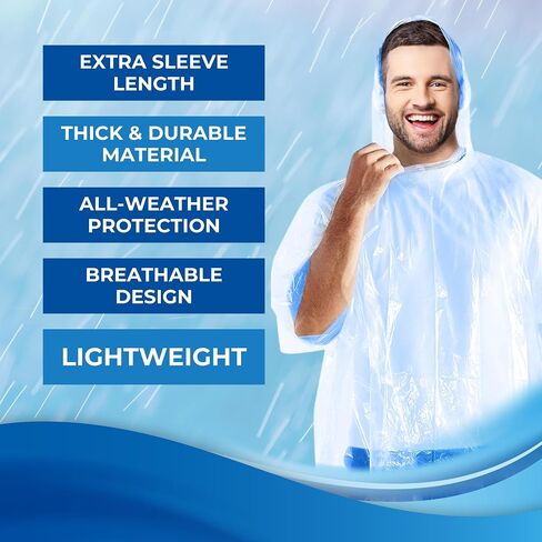 Rain Ponchos by Cloud 10. Include 4 Packs of Blue Disposable Rain Ponchos. Longer Sleeves Poncho Raincoat and Larger Hooded Poncho Rain Coat. Thick Rain Ponchos for Adults, Kids, Men, and Women. in Kuwait