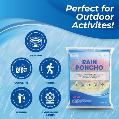 Rain Ponchos by Cloud 10. Include 4 Packs of Blue Disposable Rain Ponchos. Longer Sleeves Poncho Raincoat and Larger Hooded Poncho Rain Coat. Thick Rain Ponchos for Adults, Kids, Men, and Women. in Kuwait