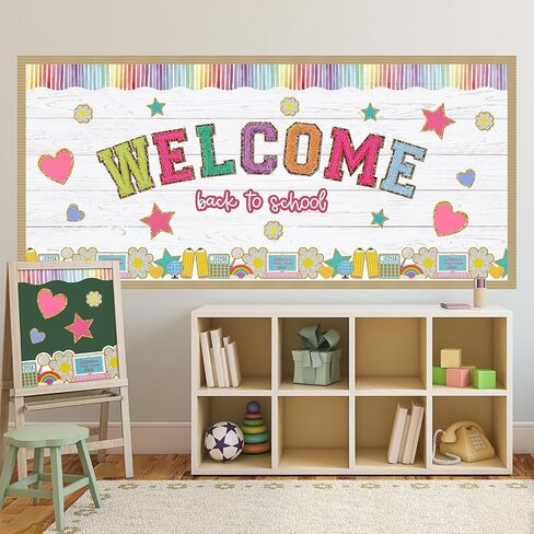 66 Feet Back to School Bulletin Border Decorations Boho Groovy First Day of School Trim Boarder Colorful 30 Pcs Chenille Patches Paper Cutouts Welcome School Wall Decor for Classroom Party in Saudi Arabia