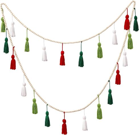 Janinka Boho Decor Christmas Decors Wooden Beads 9.8ft Christmas Decoration Supplies Bead Garland with Tassels Bedroom Hanging Macrame Banner for Room Supplies Home Decoration(Classic Color) in Saudi Arabia