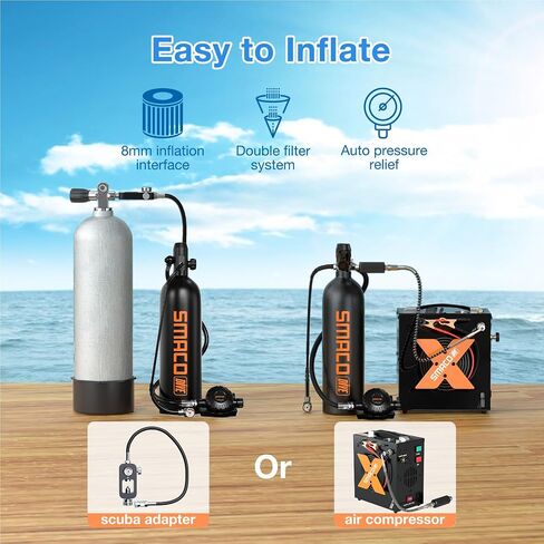 خزان SMACO Mini Scuba Tank سعة 1.9 لتر للغوص في المياه الضحلة، أسطوانة غوص من الألومنيوم 25 دقيقة من وقت الغوص لممارسة الغوص/العمليات تحت الماء/مصدر هواء احتياطي in Saudi Arabia