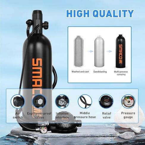 خزان SMACO Mini Scuba Tank سعة 1.9 لتر للغوص في المياه الضحلة، أسطوانة غوص من الألومنيوم 25 دقيقة من وقت الغوص لممارسة الغوص/العمليات تحت الماء/مصدر هواء احتياطي in Saudi Arabia