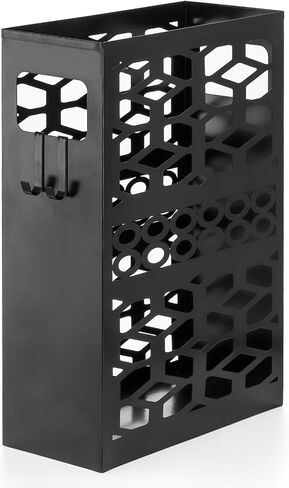 حامل مظلة معدني من ZENFUN مع خطافين، حامل مظلة للمدخل، منظم مظلة مستطيل، صندوق تخزين رف المظلة قائم بذاته للمنزل والمكتب والفندق، أسود، 11 × 4.7 × 15.7 بوصة in Kuwait