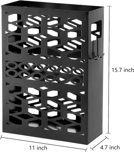 حامل مظلة معدني من ZENFUN مع خطافين، حامل مظلة للمدخل، منظم مظلة مستطيل، صندوق تخزين رف المظلة قائم بذاته للمنزل والمكتب والفندق، أسود، 11 × 4.7 × 15.7 بوصة in Kuwait