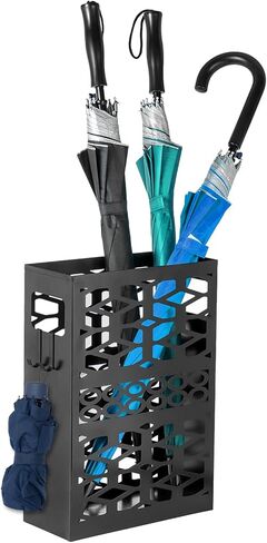 حامل مظلة معدني من ZENFUN مع خطافين، حامل مظلة للمدخل، منظم مظلة مستطيل، صندوق تخزين رف المظلة قائم بذاته للمنزل والمكتب والفندق، أسود، 11 × 4.7 × 15.7 بوصة in Kuwait