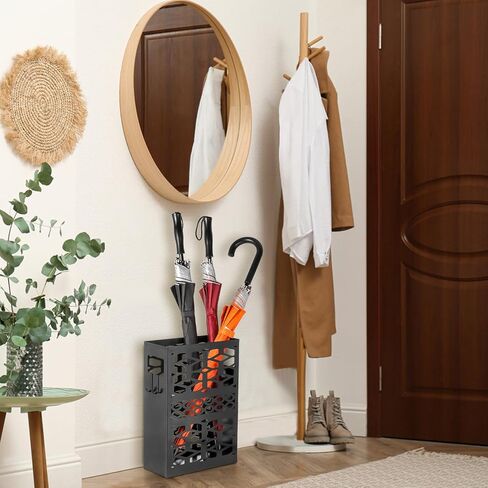 حامل مظلة معدني من ZENFUN مع خطافين، حامل مظلة للمدخل، منظم مظلة مستطيل، صندوق تخزين رف المظلة قائم بذاته للمنزل والمكتب والفندق، أسود، 11 × 4.7 × 15.7 بوصة in Kuwait