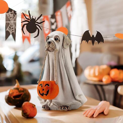 Tfro & Cile Halloween Decorations Indoor Ghost Dog Statue Holding Pumpkin Figurine Home Decor for Garden Porch in Saudi Arabia