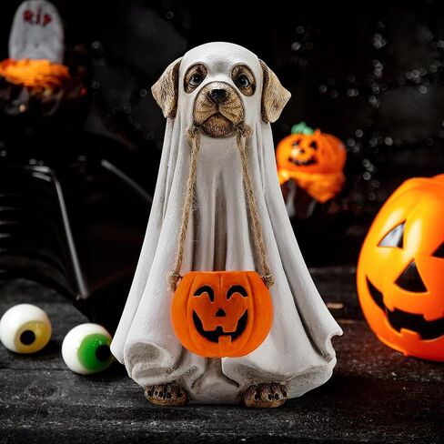 Tfro & Cile Halloween Decorations Indoor Ghost Dog Statue Holding Pumpkin Figurine Home Decor for Garden Porch in Saudi Arabia