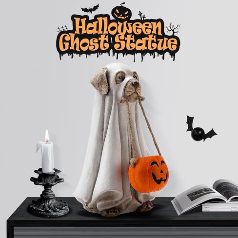 Tfro & Cile Halloween Decorations Indoor Ghost Dog Statue Holding Pumpkin Figurine Home Decor for Garden Porch in Saudi Arabia