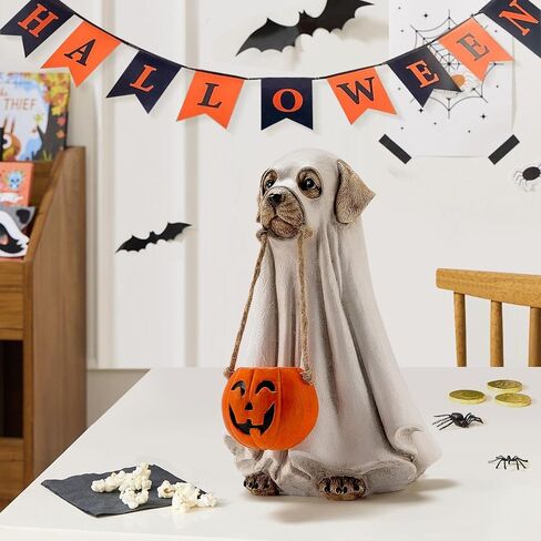 Tfro & Cile Halloween Decorations Indoor Ghost Dog Statue Holding Pumpkin Figurine Home Decor for Garden Porch in Saudi Arabia