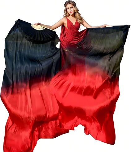 WEISIPU 1 Pair Women Real Silk Belly Dance Fan Veils - Handmade Long Bamboo Fans for Professional Dancing 180cm * 90cm (Left+Right) in Kuwait