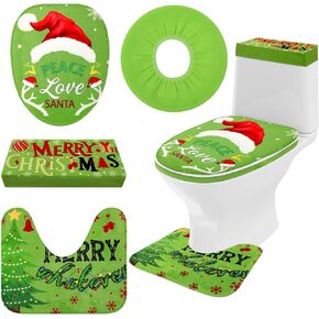 Duraaamo 4 Pcs Christmas Bathroom Decoration Set Red and Green Toilet Seat Cover Set Include Toilet Lid Cover Toilet Seat Cover U Shaped Toilet Floor Rug Tank Cover for Christmas Bathroom Decor