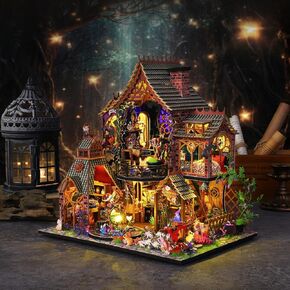 Miniature House Kit DIY Mini House Building Kit with LED Light, DIY Mini Dollhouse with Furniture Tiny Room Kit, 3D Wooden Puzzle Hobby Wooden Craft Diorama Gift for Adults (Holo Magic City)