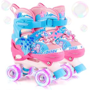 Mermaid Roller Skates for Girls Kids, Mosoulais 4 Size Adjustable Light up Wheels Skates for Toddlers, Beginner Women Rollerskates Indoor Outdoor for Xmas Birthday Gifts, Patines para Niñas Niños