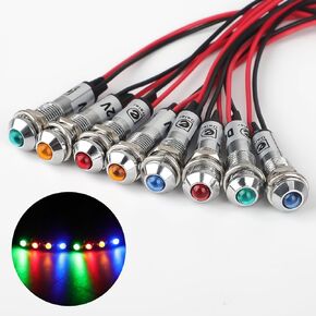 Linkstyle 8PCS 12V LED Indicator Light, 8MM LED Signal Lamp, Red Blue Green Orange Lamp with Wire Leads, for Dash Car Truck