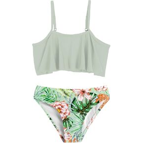 Arshiner Girls Swimsuit Two Pieces Bikini Set Ruffle Bathing Suits Flounced Tankini Swimwear Salmon - Flower for 13-14 Years
