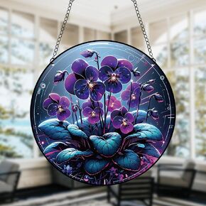 11.8 Inches Purple Flowers Acrylic Window Hanging Decor Stained Glass Panels Green Leaves Plants Wall Art Mural for Bedroom Garden Wall Decoration Suncatcher Gift for Mom Grandma Teacher