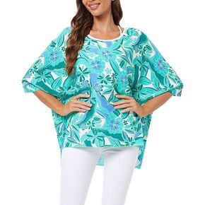 Womens Summer Printed Batwing Sleeve Top Chiffon Poncho Casual Loose Sheer Blouse Shirt